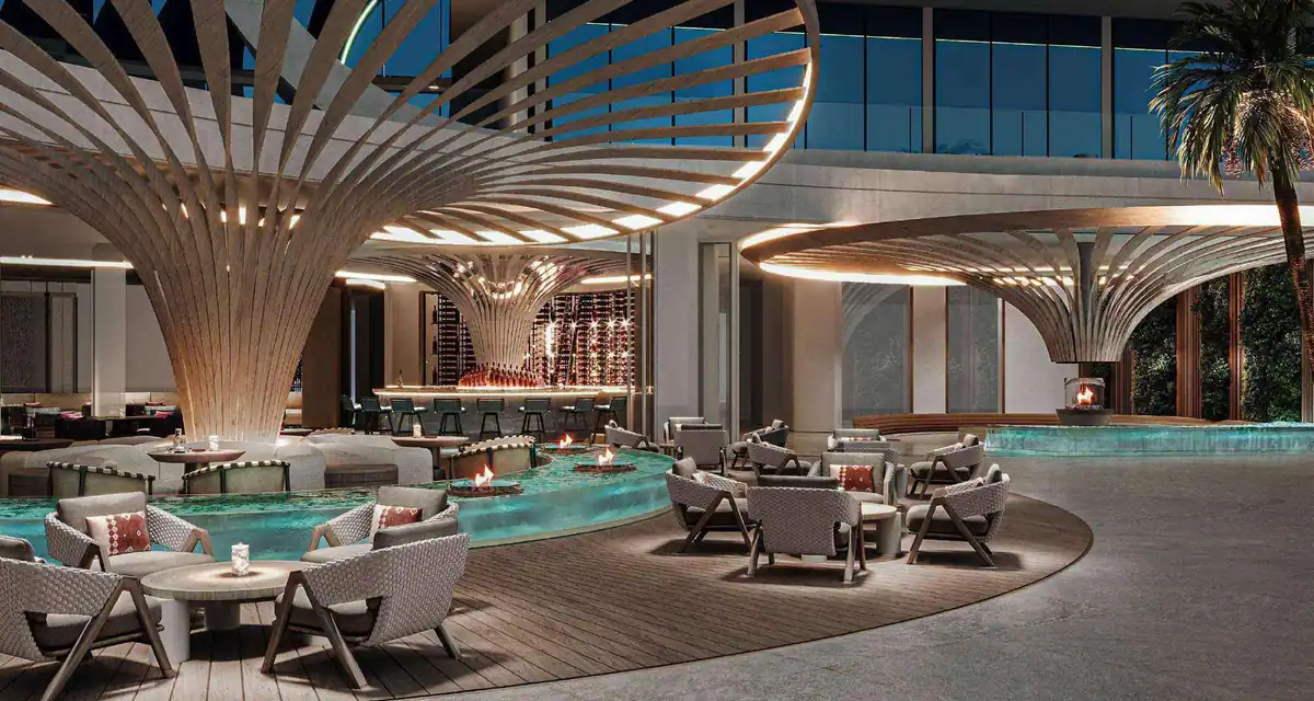 JW Marriott Residences luxury outdoor lounge overlooking Al Marjan Island